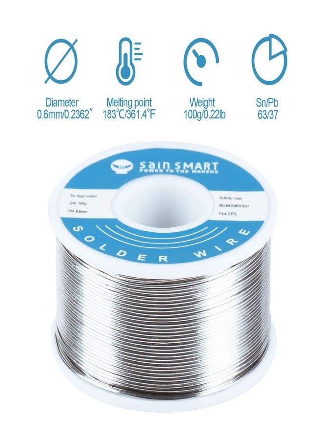 ساين سمارت سلك لحام SainSmart 0.6 مم 63/37 قصدير/رصاص Sn63Pb37 مع قلب من الراتنج المتدفق للحام الكهربائي (100 جم / 0.22 رطل) - Image 2